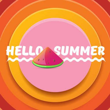 Vektör Merhaba yaz plaj parti Flyer tasarım soyut daire turuncu arka planda izole taze karpuz dilim ile şablon. Merhaba yaz kavramı etiket veya poster ile meyve ve tipografi metin