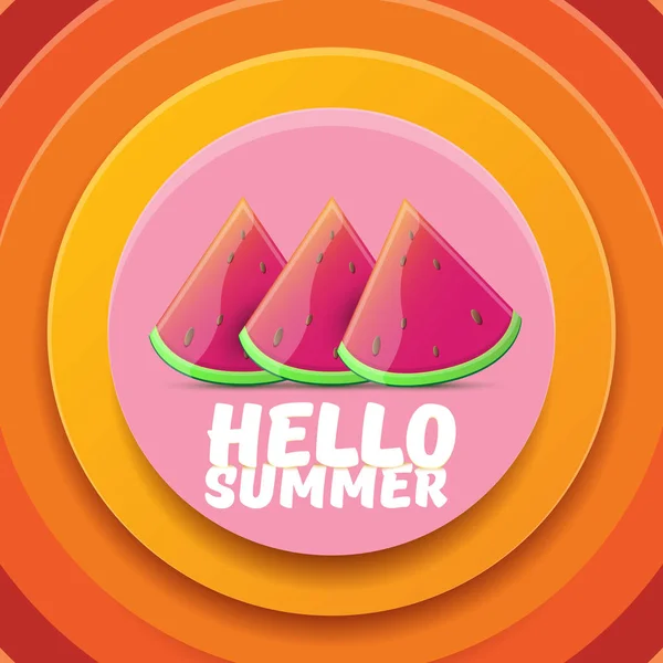 Vector Hello Summer Beach Party Flyer Plantilla de diseño con rodaja de sandía fresca aislada sobre fondo naranja círculo abstracto. Hola etiqueta concepto de verano o cartel con fruta y texto tipográfico — Archivo Imágenes Vectoriales