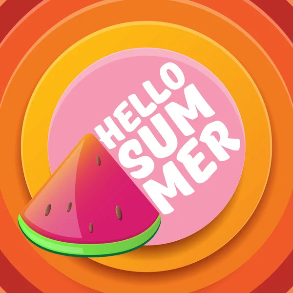 Vector Hello Summer Beach Party Flyer Modelo de design com fatia de melancia fresca isolada no fundo laranja círculo abstrato. Olá verão conceito rótulo ou cartaz com frutas e texto tipográfico — Vetor de Stock
