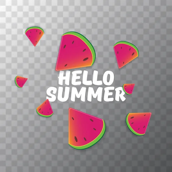 Vector Hello Summer Beach Party Flyer Design template with fresh watermelon slice isolated on transparent background. Hello summer concept label or poster with fruit and typographic text — Stock Vector