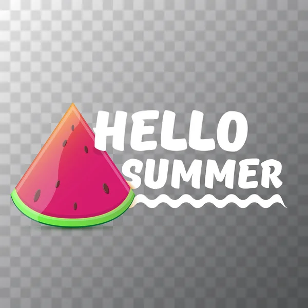 Vector Hello Summer Beach Party flyer ontwerpsjabloon met verse watermeloen slice geïsoleerd op transparante achtergrond. Hello Summer concept label of poster met fruit en typografische tekst — Stockvector