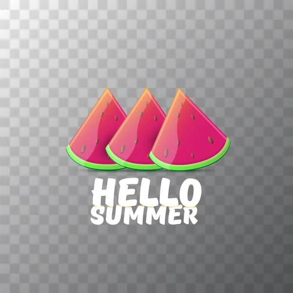 Vector Hello Summer Beach Party Flyer Modelo de design com fatia de melancia fresca isolada em fundo transparente. Olá verão conceito rótulo ou cartaz com frutas e texto tipográfico — Vetor de Stock