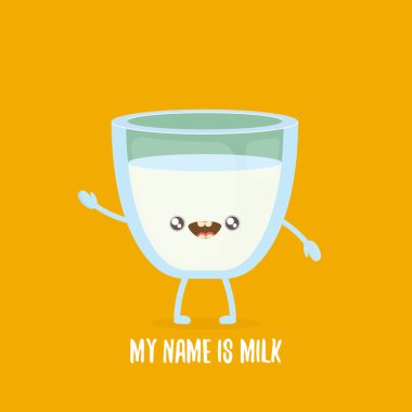 turuncu arka planda izole karakter karikatür neşeli süt sevimli. Çocuklar yemek düz funky karakter