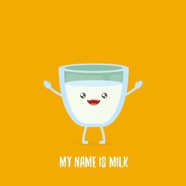 turuncu arka planda izole karakter karikatür neşeli süt sevimli. Çocuklar yemek düz funky karakter