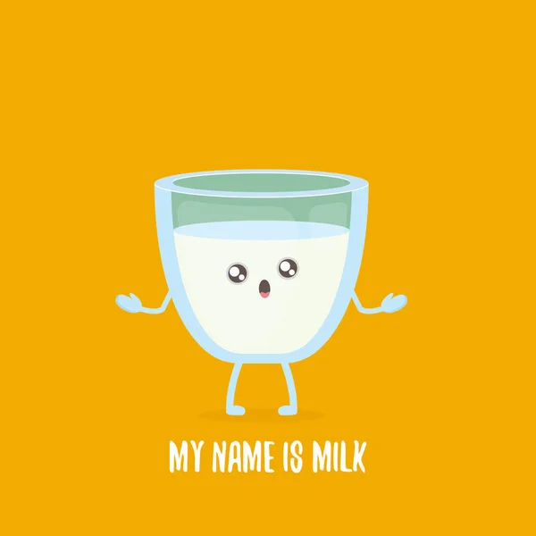 Divertido dibujo animado lindo sonriente personaje de cristal de leche aislado sobre fondo naranja. Comida para niños plana carácter funky — Archivo Imágenes Vectoriales