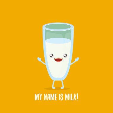 turuncu arka planda izole karakter karikatür neşeli süt sevimli. Çocuklar yemek düz funky karakter