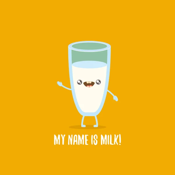 Divertido dibujo animado lindo sonriente personaje de cristal de leche aislado sobre fondo naranja. Comida para niños plana carácter funky — Archivo Imágenes Vectoriales