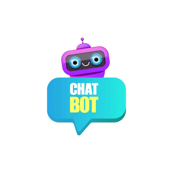 Beyaz arka planda izole konuşma balonu ile sevimli chatbot karakter veya akıllı asistan. Vektör komik robot asistanı, sohbet bot, yardımcı chatbot logosu veya etiket — Stok Vektör