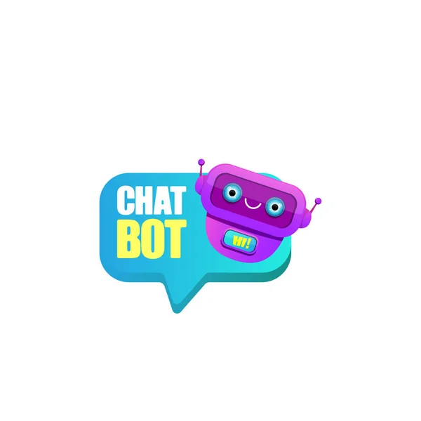 Lindo personaje chatbot o asistente inteligente con burbuja de habla aislada sobre fondo blanco. Vector Funny robot assistant, chatter bot, helper chatbot logo or label — Vector de stock