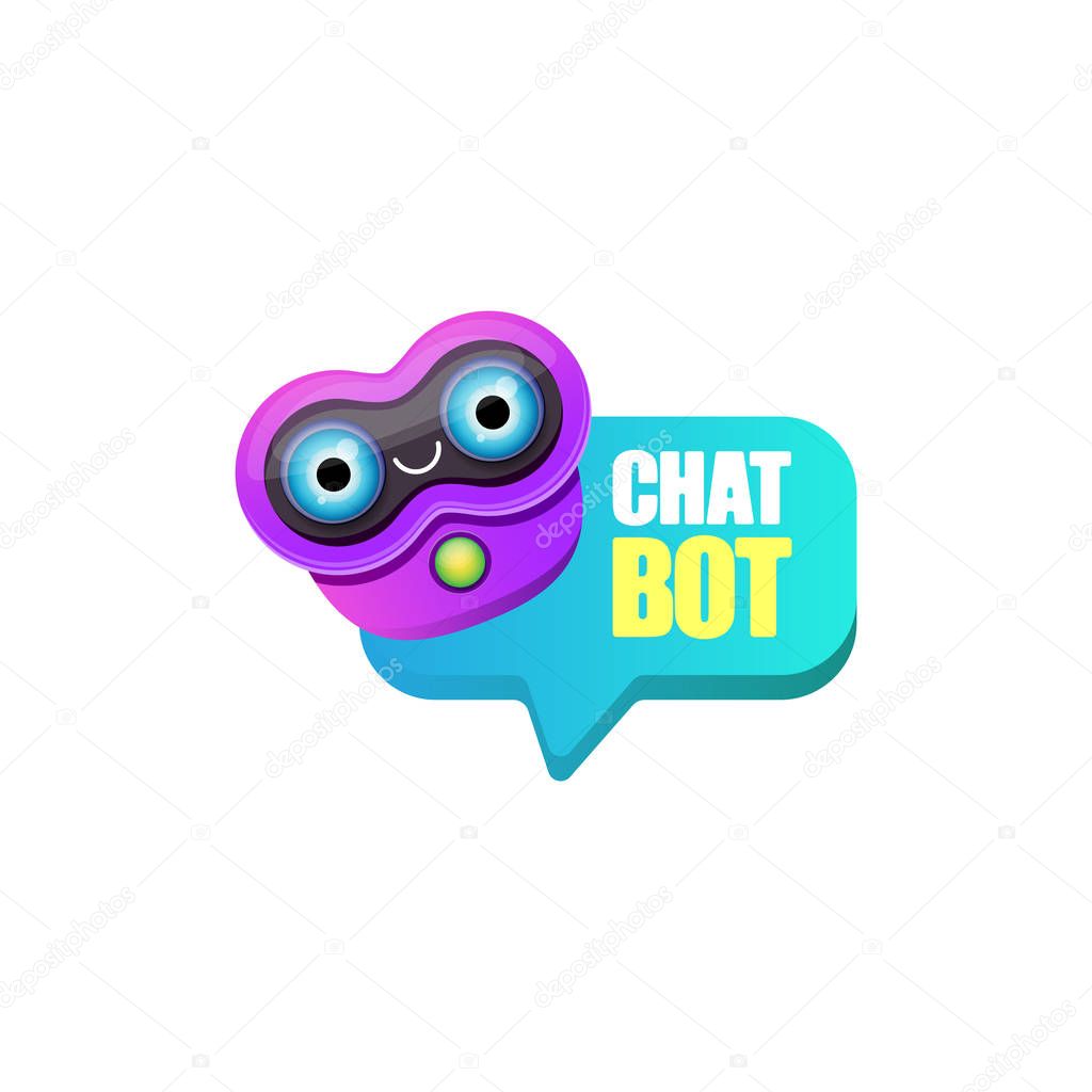 Chatbot character or intelligent assistant with speech bubble isolated on white background. Vector Funny robot assistant, chatter bot, helper chatbot logo or label