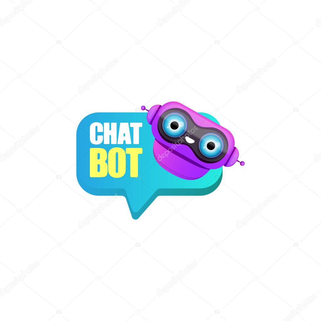 Chatbot character or intelligent assistant with speech bubble isolated on white background. Vector Funny robot assistant, chatter bot, helper chatbot logo or label
