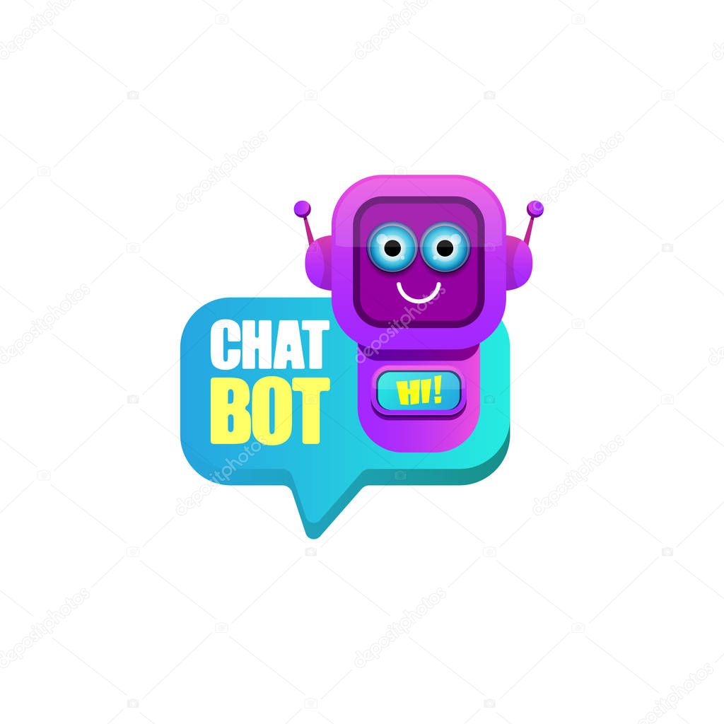 Chatbot character or intelligent assistant with speech bubble isolated on white background. Vector Funny robot assistant, chatter bot, helper chatbot logo or label