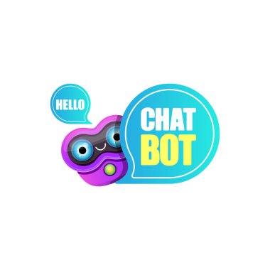 Beyaz arka planda izole konuşma balonu ile sevimli chatbot karakter veya akıllı asistan. Vektör komik robot asistanı, sohbet bot, yardımcı chatbot logosu veya etiket