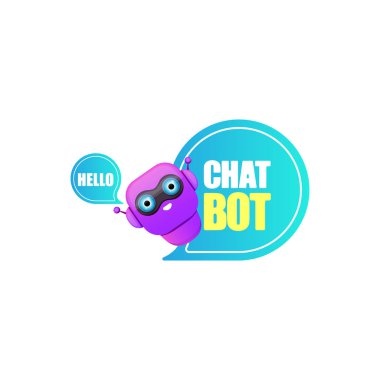 Beyaz arka planda izole konuşma balonu ile sevimli chatbot karakter veya akıllı asistan. Vektör komik robot asistanı, sohbet bot, yardımcı chatbot logosu veya etiket