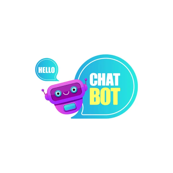 Lindo personaje chatbot o asistente inteligente con burbuja de habla aislada sobre fondo blanco. Vector Funny robot assistant, chatter bot, helper chatbot logo or label — Vector de stock