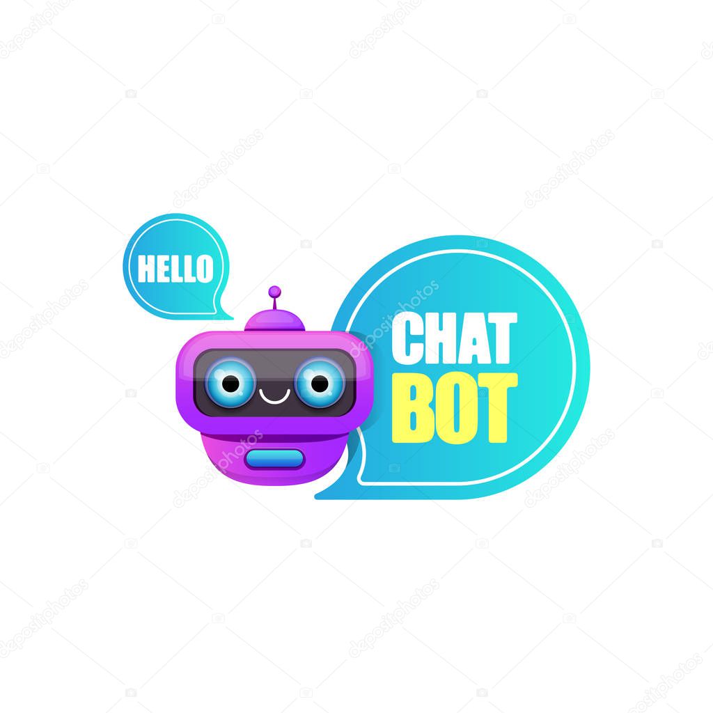 Chatbot character or intelligent assistant with speech bubble isolated on white background. Vector Funny robot assistant, chatter bot, helper chatbot logo or label