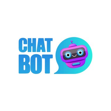 Beyaz arka planda izole konuşma balonu ile sevimli chatbot karakter veya akıllı asistan. Vektör komik robot asistanı, sohbet bot, yardımcı chatbot logosu veya etiket