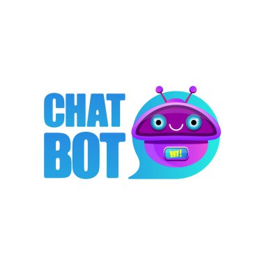 Beyaz arka planda izole konuşma balonu ile sevimli chatbot karakter veya akıllı asistan. Vektör komik robot asistanı, sohbet bot, yardımcı chatbot logosu veya etiket