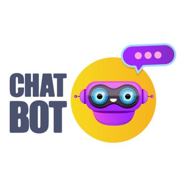 Beyaz arka planda izole konuşma balonu ile sevimli chatbot karakter veya akıllı asistan. Vektör komik robot asistanı, sohbet bot, yardımcı chatbot logosu veya etiket