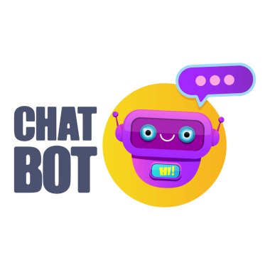 Beyaz arka planda izole konuşma balonu ile sevimli chatbot karakter veya akıllı asistan. Vektör komik robot asistanı, sohbet bot, yardımcı chatbot logosu veya etiket