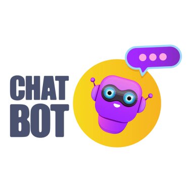 Beyaz arka planda izole konuşma balonu ile sevimli chatbot karakter veya akıllı asistan. Vektör komik robot asistanı, sohbet bot, yardımcı chatbot logosu veya etiket