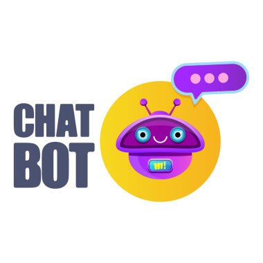 Beyaz arka planda izole konuşma balonu ile sevimli chatbot karakter veya akıllı asistan. Vektör komik robot asistanı, sohbet bot, yardımcı chatbot logosu veya etiket