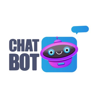 Beyaz arka planda izole konuşma balonu ile sevimli chatbot karakter veya akıllı asistan. Vektör komik robot asistanı, sohbet bot, yardımcı chatbot logosu veya etiket