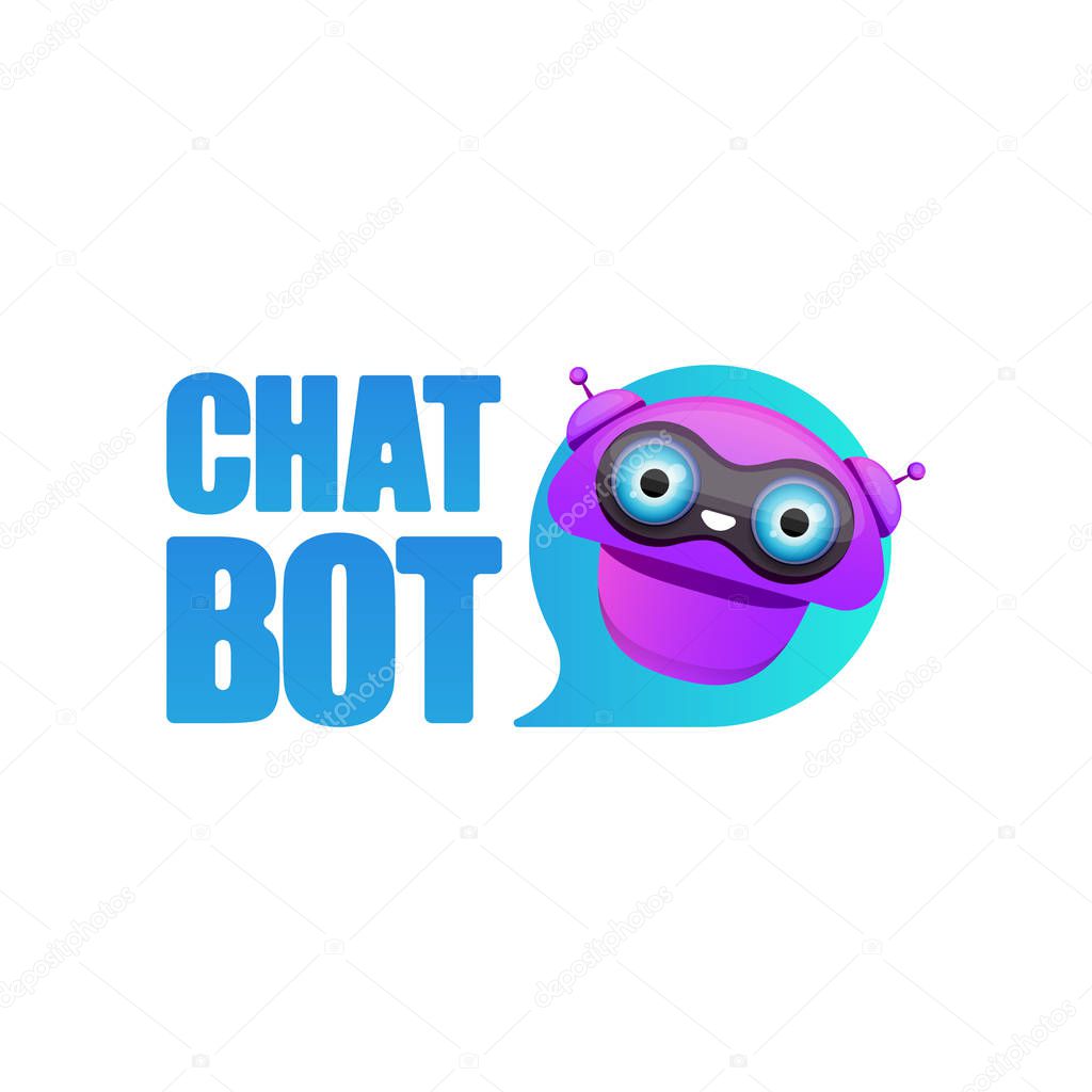 Chatbot character or intelligent assistant with speech bubble isolated on white background. Vector Funny robot assistant, chatter bot, helper chatbot logo or label