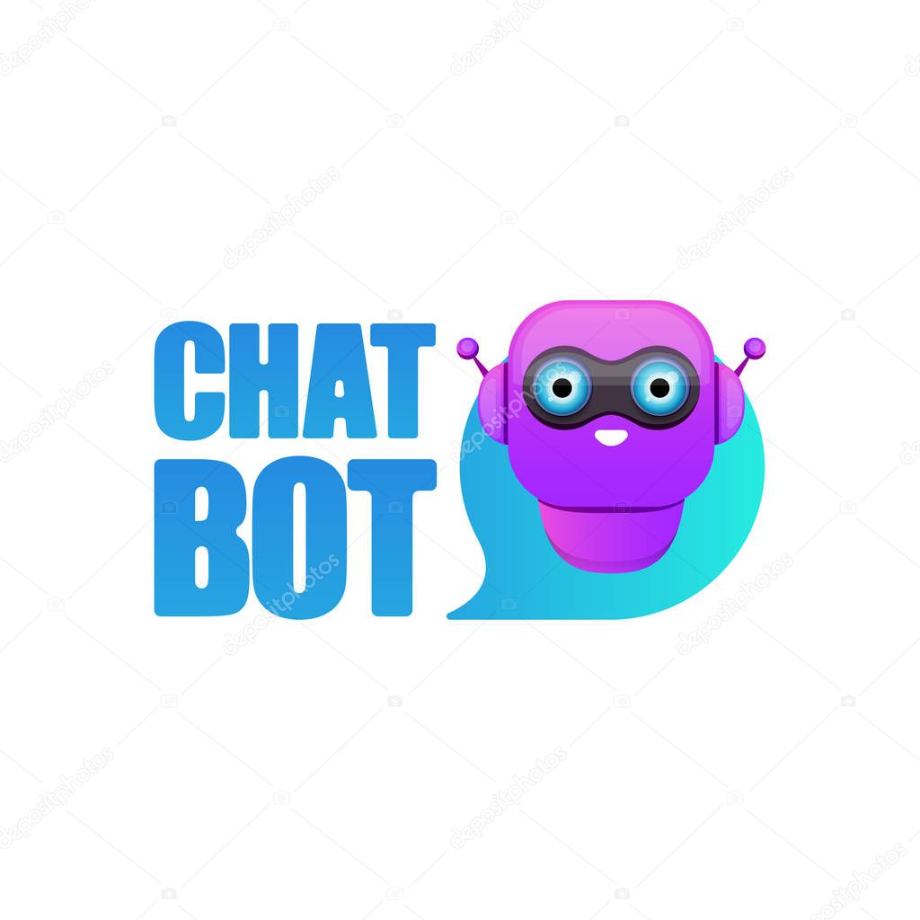 Chatbot character or intelligent assistant with speech bubble isolated on white background. Vector Funny robot assistant, chatter bot, helper chatbot logo or label