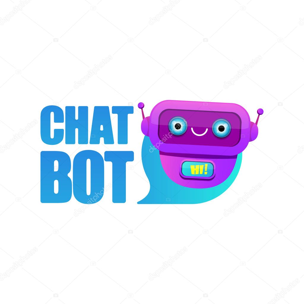 Chatbot character or intelligent assistant with speech bubble isolated on white background. Vector Funny robot assistant, chatter bot, helper chatbot logo or label