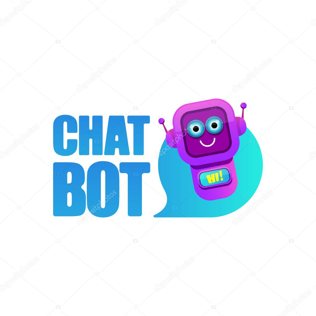 Chatbot character or intelligent assistant with speech bubble isolated on white background. Vector Funny robot assistant, chatter bot, helper chatbot logo or label