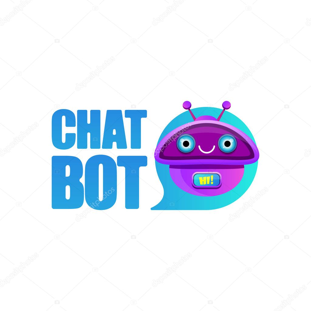 Chatbot character or intelligent assistant with speech bubble isolated on white background. Vector Funny robot assistant, chatter bot, helper chatbot logo or label