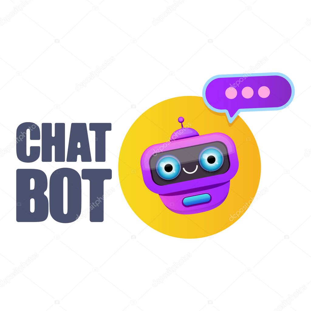 Chatbot character or intelligent assistant with speech bubble isolated on white background. Vector Funny robot assistant, chatter bot, helper chatbot logo or label
