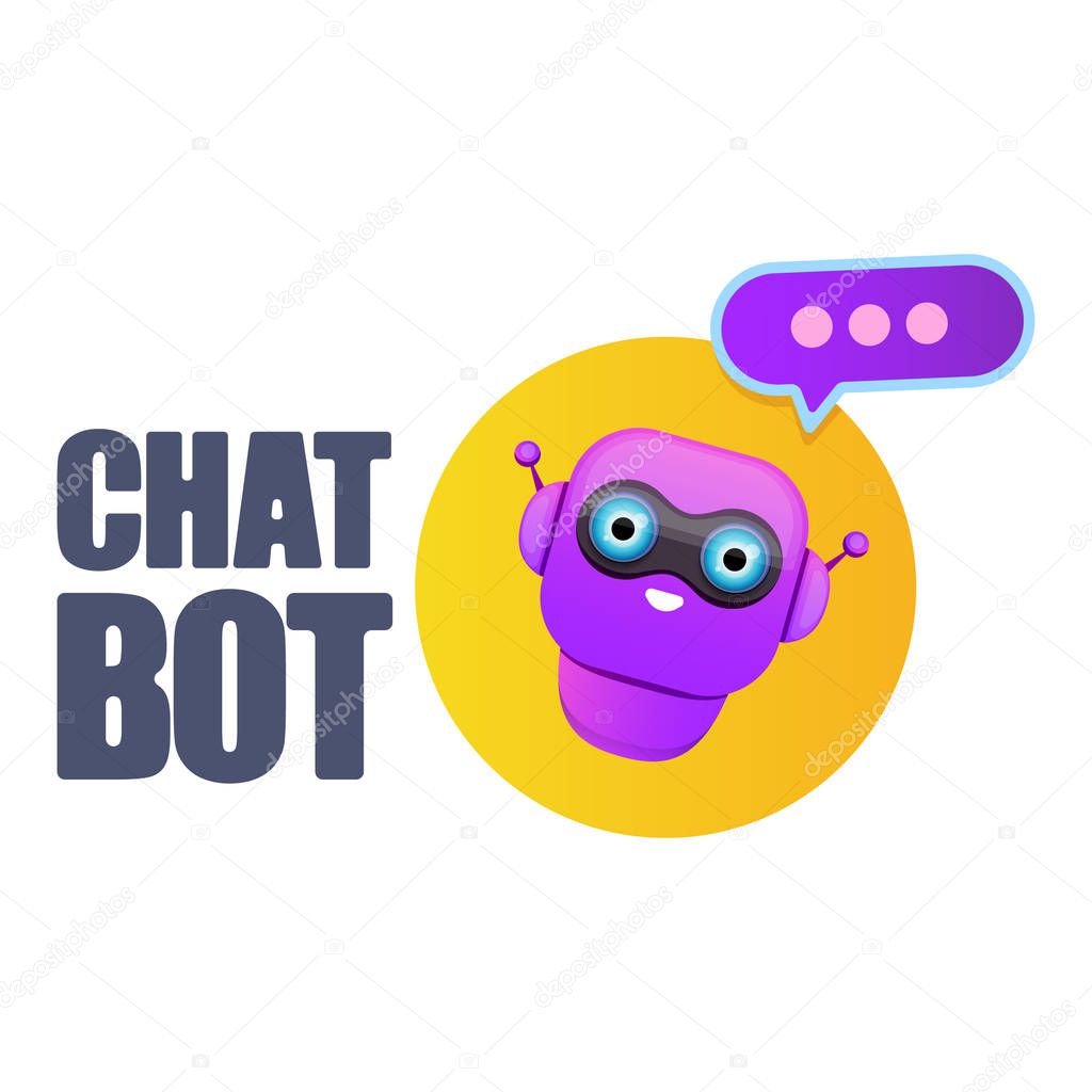 Chatbot character or intelligent assistant with speech bubble isolated on white background. Vector Funny robot assistant, chatter bot, helper chatbot logo or label
