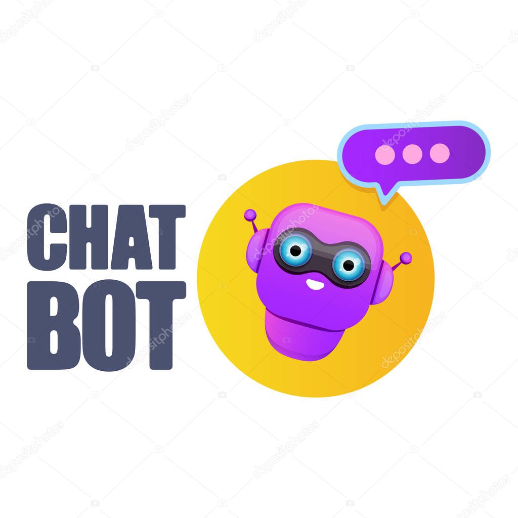 cute chatbot character or intelligent assistant with speech bubble isolated on white background. Vector Funny robot assistant, chatter bot, helper chatbot logo or label