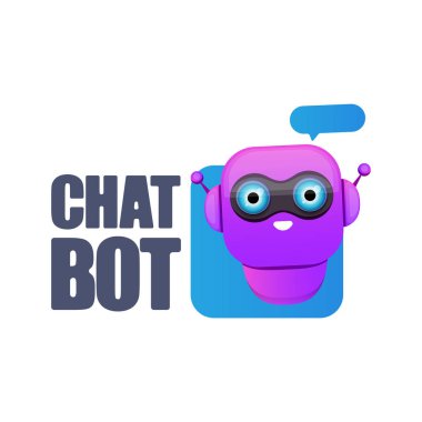 Beyaz arka planda izole konuşma balonu ile sevimli chatbot karakter veya akıllı asistan. Vektör komik robot asistanı, sohbet bot, yardımcı chatbot logosu veya etiket