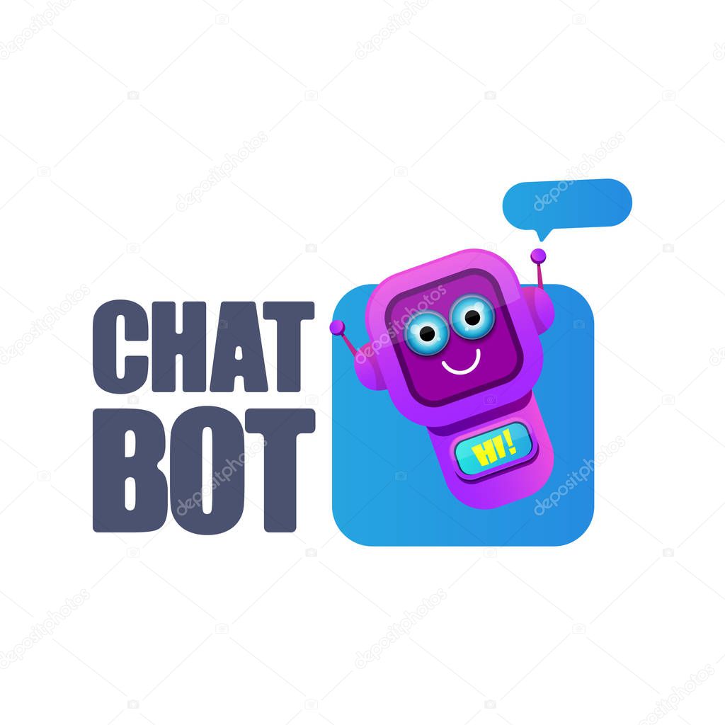 Chatbot character or intelligent assistant with speech bubble isolated on white background. Vector Funny robot assistant, chatter bot, helper chatbot logo or label