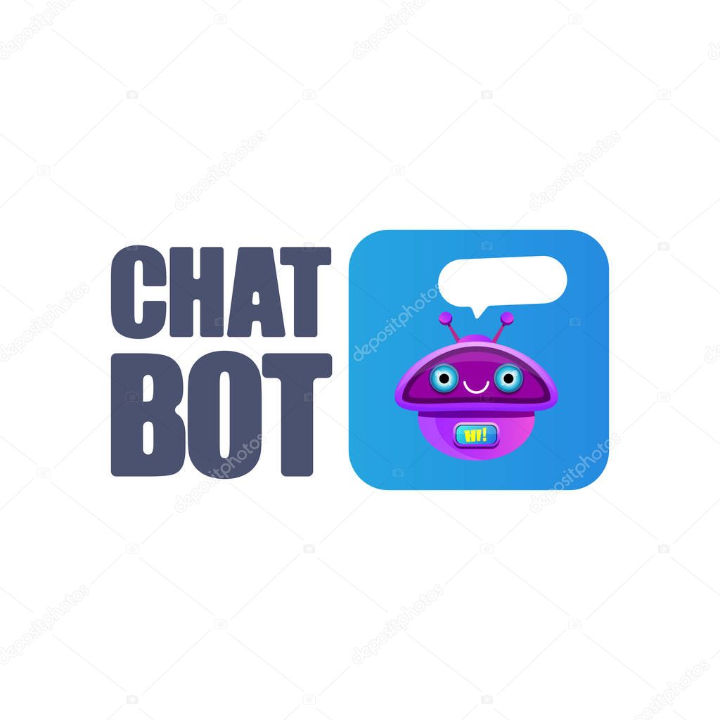 Chatbot character or intelligent assistant with speech bubble isolated on white background. Vector Funny robot assistant, chatter bot, helper chatbot logo or label