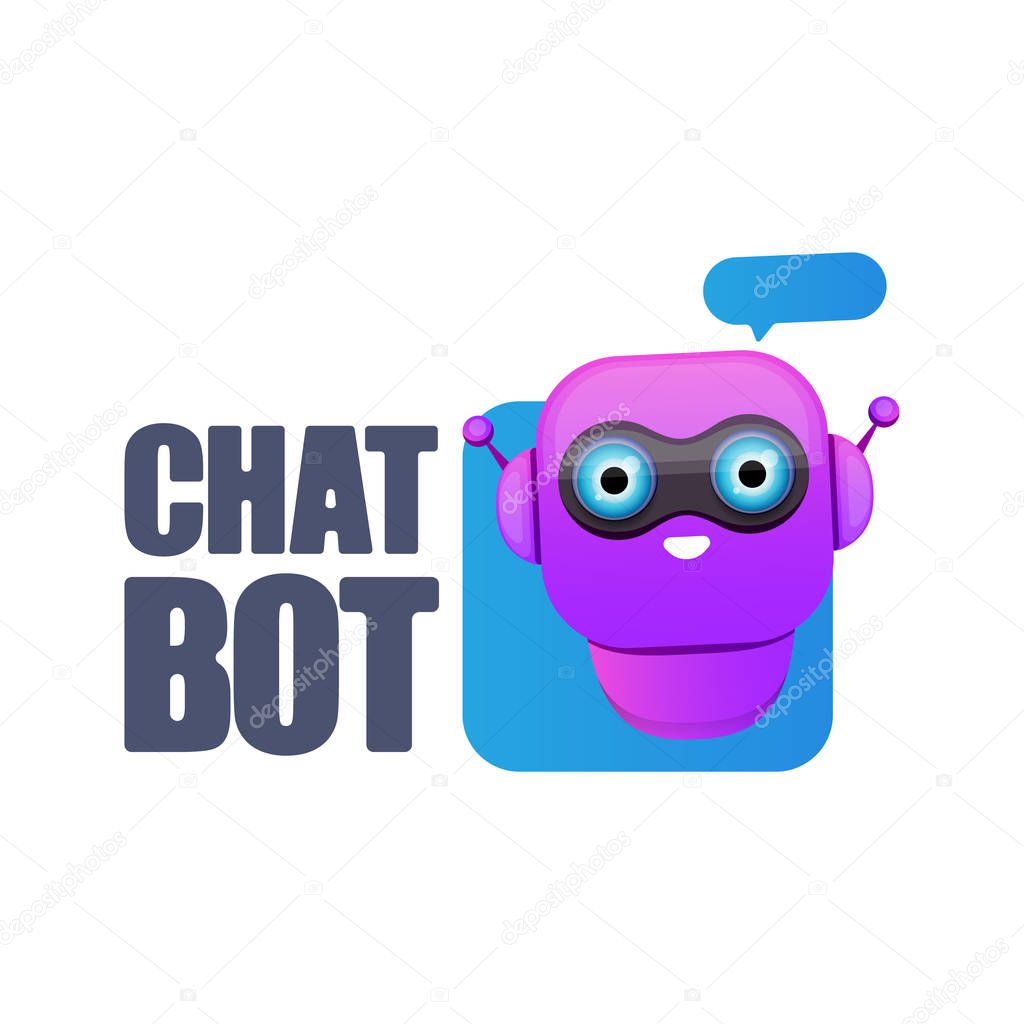 Chatbot character or intelligent assistant with speech bubble isolated on white background. Vector Funny robot assistant, chatter bot, helper chatbot logo or label