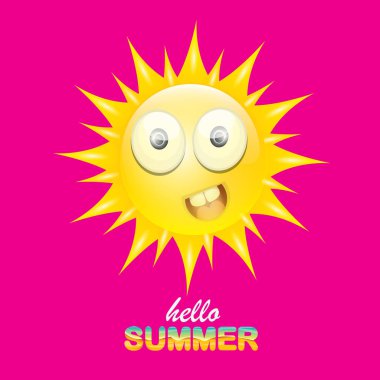 pembe arka plan üzerinde izole gülümseyen parlak güneş ile vektör merhaba yaz yaratıcı etiket. funky güneş karakter tasarım şablonu ile yaz parti arka plan. vektör yaz simgesi