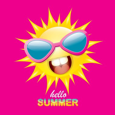 pembe arka plan üzerinde izole gülümseyen parlak güneş ile vektör merhaba yaz yaratıcı etiket. funky güneş karakter tasarım şablonu ile yaz parti arka plan. vektör yaz simgesi