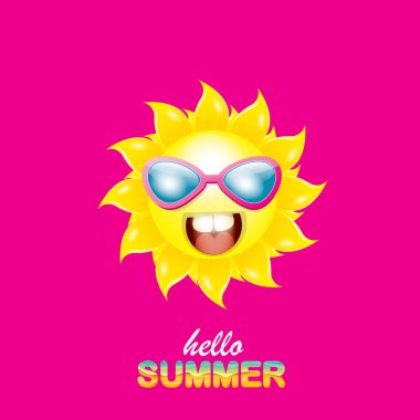 pembe arka plan üzerinde izole gülümseyen parlak güneş ile vektör merhaba yaz yaratıcı etiket. funky güneş karakter tasarım şablonu ile yaz parti arka plan. vektör yaz simgesi