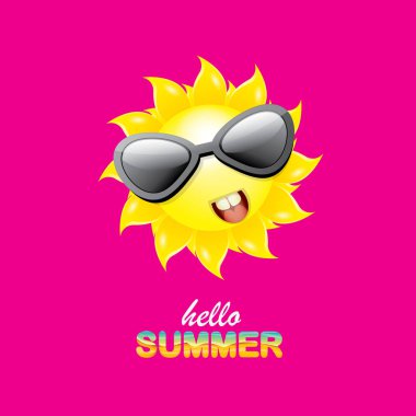 pembe arka plan üzerinde izole gülümseyen parlak güneş ile vektör merhaba yaz yaratıcı etiket. funky güneş karakter tasarım şablonu ile yaz parti arka plan. vektör yaz simgesi
