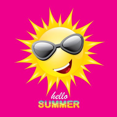 pembe arka plan üzerinde izole gülümseyen parlak güneş ile vektör merhaba yaz yaratıcı etiket. funky güneş karakter tasarım şablonu ile yaz parti arka plan. vektör yaz simgesi