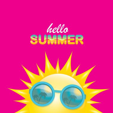 pembe arka plan üzerinde izole gülümseyen parlak güneş ile vektör merhaba yaz yaratıcı etiket. funky güneş karakter tasarım şablonu ile yaz parti arka plan. vektör yaz simgesi