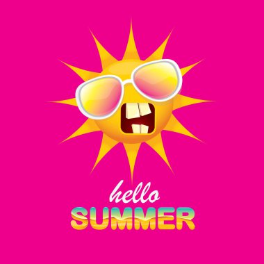 pembe arka plan üzerinde izole gülümseyen parlak güneş ile vektör merhaba yaz yaratıcı etiket. funky güneş karakter tasarım şablonu ile yaz parti arka plan. vektör yaz simgesi
