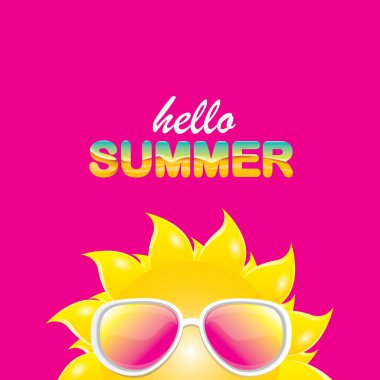pembe arka plan üzerinde izole gülümseyen parlak güneş ile vektör merhaba yaz yaratıcı etiket. funky güneş karakter tasarım şablonu ile yaz parti arka plan. vektör yaz simgesi