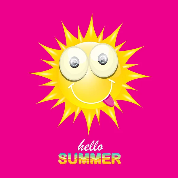 Wektor Hello lato kreatywnych etykieta z uśmiechem błyszczące słońce na różowym tle. lato party tło z funky słońce szablon projektu znaków. wektor lato ikona — Wektor stockowy