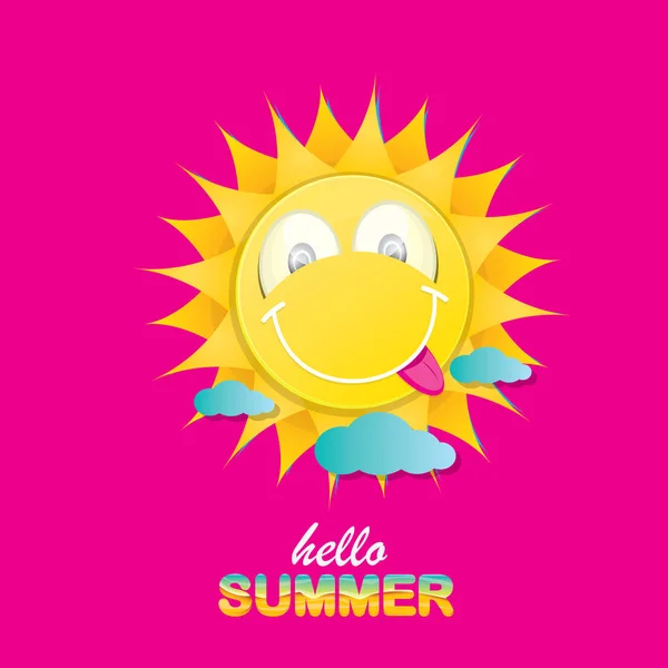 Vector hola etiqueta creativa de verano con sol brillante sonriente aislado sobre fondo rosa. fondo de la fiesta de verano con plantilla de diseño de carácter sol funky. vector icono de verano — Archivo Imágenes Vectoriales