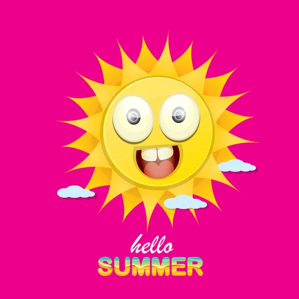 Vector Hello Summer creatief label met glimlachend glimmende zon geïsoleerd op roze achtergrond. zomer partij achtergrond met funky Sun karakter ontwerpsjabloon. vector zomer icoon — Stockvector